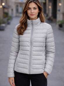 Women's Fleece-Lined Puffer Jacket Without Hood - Light Grey - View 1