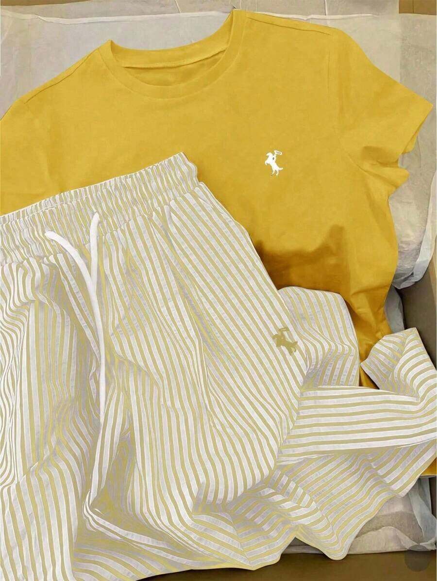 Conjunto de top de manga corta con cuello redondo bordado y pantalones con estampado de rayas, estilo europeo y americano - Amarillo 2 - Ver 1