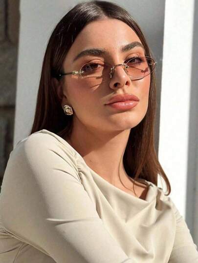 1 Pair Women's Dark Gray Oval Rimless Metal Temple Small Fashion Glasses, Suitable For Daily Wear, Elegant And Versatile, Perfect For Summer Beach Vacation, Outdoor Activities, Travel, Preppy Style, Also Suitable For Back To School Season. Oval Frame.