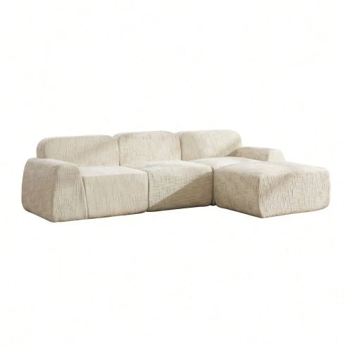 Modular Compression Sofa In Chenille Fabric, Filled With 30D High-Resilience Foam. Easy To Move And Featuring A Non-Slip Base, It Is Ideal For Living Rooms And Other Spaces. Beige - Beige - View 1
