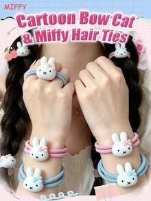 MIFFY卡通蝴蝶结猫兔发圈发夹，简约甜美少女风，粉色和蓝色两种颜色可选，配有3D MIFFY头像和蝴蝶结吊坠，柔软有弹性，可爱挂件，适合日常佩戴、上学、办公、聚会等场合。 - 彩色 - 查看 2
