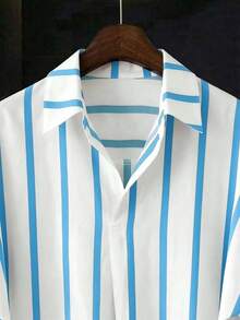 Camisa de mujer de diseño francés de alta gama con mangas tipo murciélago sueltas y cuello, camisa de rayas, camisa de manga corta, adecuada para atuendos de primavera/verano, ropa - Celeste - Ver 3