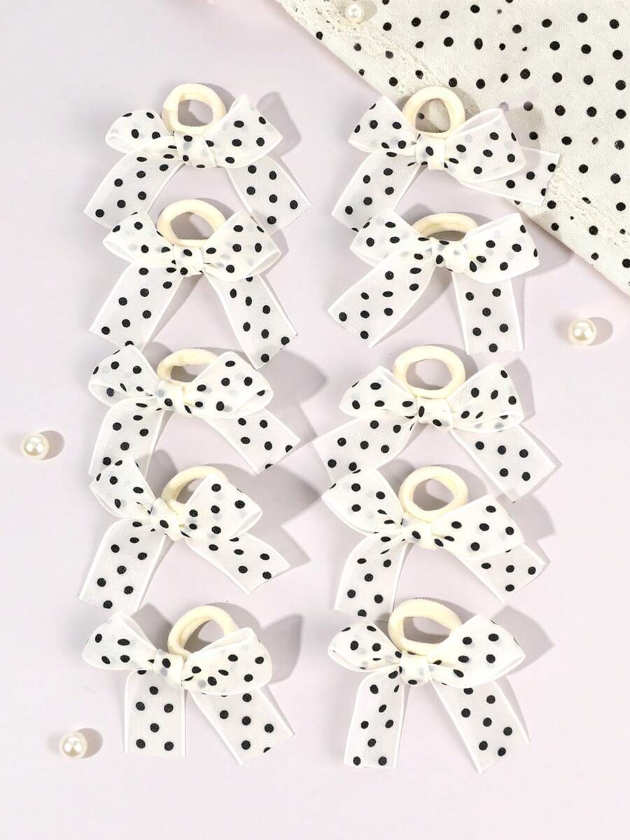 10pcs Cute Polka Dot Bow Hair Ties For Girls Exquisite Small Bow Hair Bands Girls Foft Elastic Ponytail Holders Fairy Style Polka Dot Rubber Bands Girls Daily Headpiece Teens Hair Accessories - Multicolor - View 1