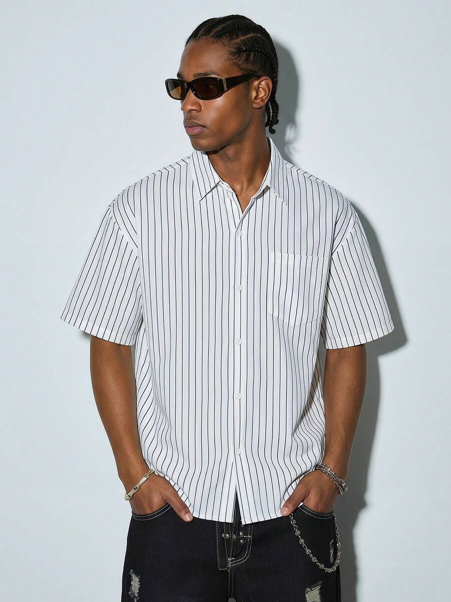 Modcrash Men's Casual Loose Striped Short Sleeve Shirt, Spring To Summer - White - View 1