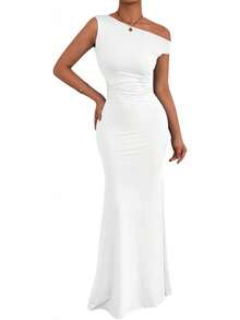Women's Long Sleeveless Dress With Train, Colored For Wedding, Date, Ceremony And Events - White - View 1