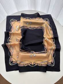 26.77 Inch Silk-Like Printed Square Scarf 68cm, Women's Fashion Breathable Multifunctional Headband Neckerchief Accessory, 1pc - Black - View 2
