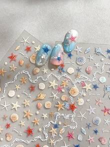 5D 浮雕貝殼發光海星貝殼美甲貼紙 1 片，海洋度假風自黏式 DIY 美甲貼紙與美甲貼花，女童與女性美甲用品、美甲配件與美甲工具，夏季美甲師美甲沙龍度假造型 - 彩色 - 查看 16