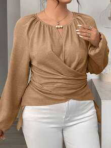 Plus Size Women Woven Long Sleeve Wrap Top, Asymmetric Hem, Back Tie Design - Brown - View 2