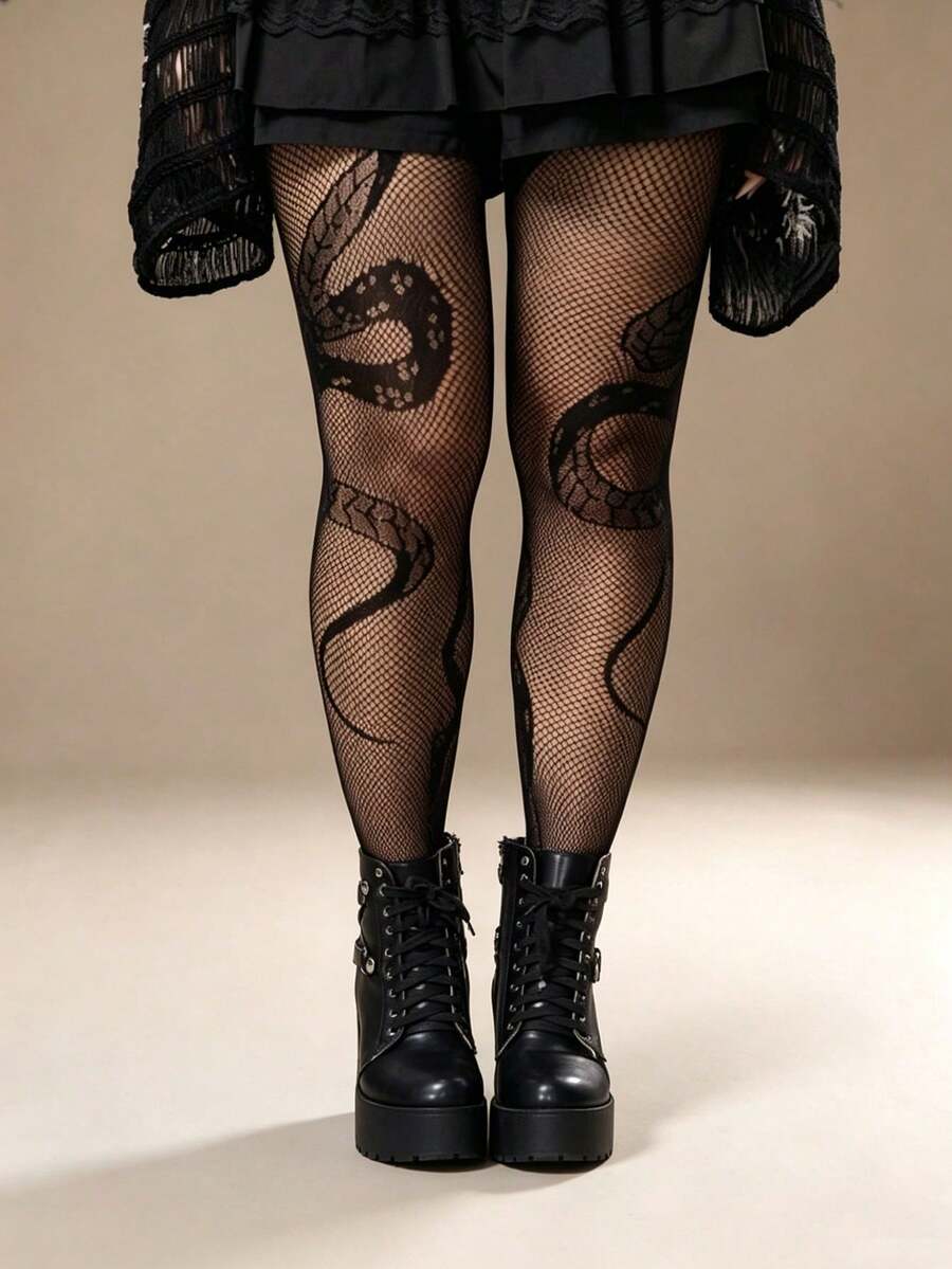 1 Pair Plus Size Black Fishnet Stockings, Snake Skin Jacquard, Sexy Elegant Reptile Pattern, Fishnet Socks, Daily Wear - A1118 Snake Black - View 1