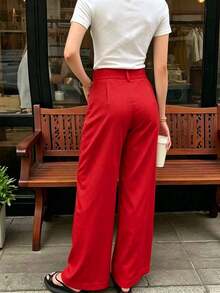 Women's Casual Comfortable Solid Color Suit Pants - Fiery Red - 查看 2