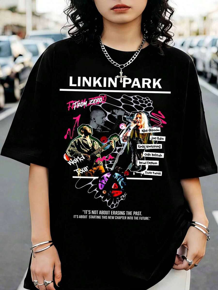 Linkins Parks From Zero World Tour Graphic T-Shirt, Retro Crew Neck Rock Band T-Shirt, Casual Black Short Sleeve Top For Fans - 黑色 - 查看 1