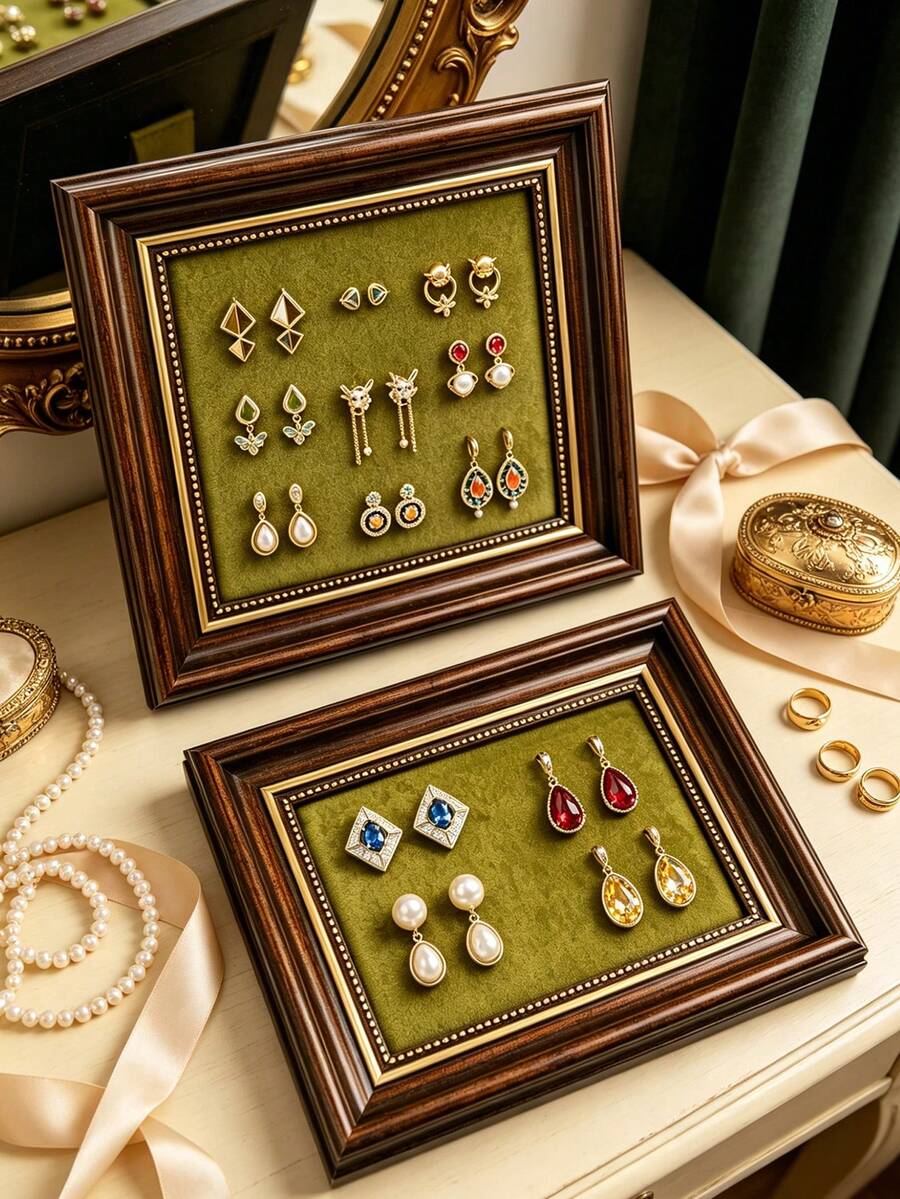 1pc European Vintage Solid Wood Square Jewelry Stand With Velvet Fabric, Suitable For Storing Rings, Earrings, Necklaces And Other Accessories, Also Can Be Used As A Vanity Decor And Jewelry Storage Tray - Multicolor - View 1