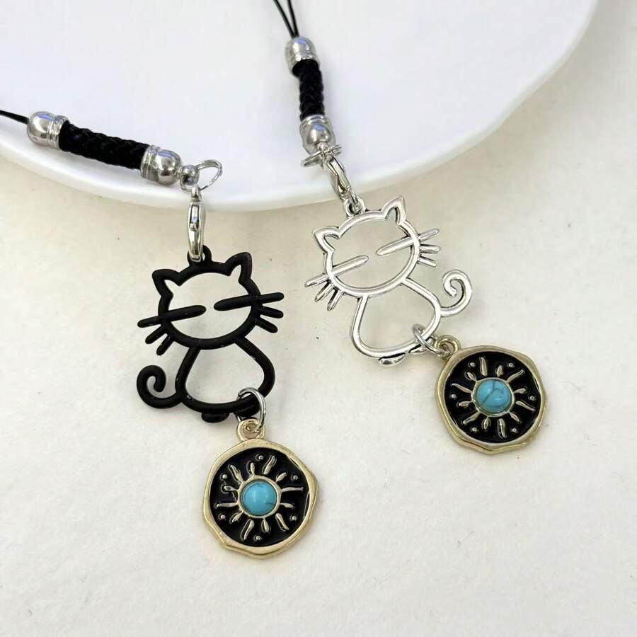 1 pieza Colgante de cadena de teléfono con gato hueco, cadena de teléfono para chica fresca, colgante DIY, decoración de teléfono simple y versátil, accesorio de vacaciones, colgante pequeño exquisito para unidad USB universal