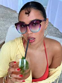 1pc Unisex Cat Eye Shaped PC Frame Glasses, Solid Color Retro Fashion Eyeglasses Suitable For Daily Wear - Ombre - View 4