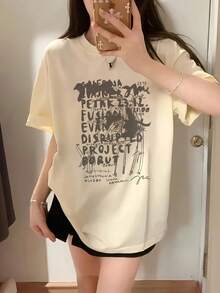 Camiseta de manga corta con estampado de letras Y2K para mujer, top holgado de estilo Ins para verano - Negro - Ver 4