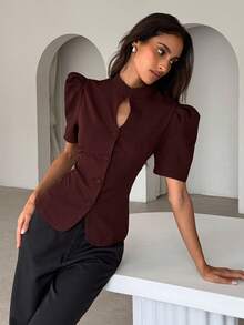 xheAloruh Blusa burdeos elegante de mujer con cuello alto, mangas gigot y cintura ajustadaxhe - Burdeos - Ver 2