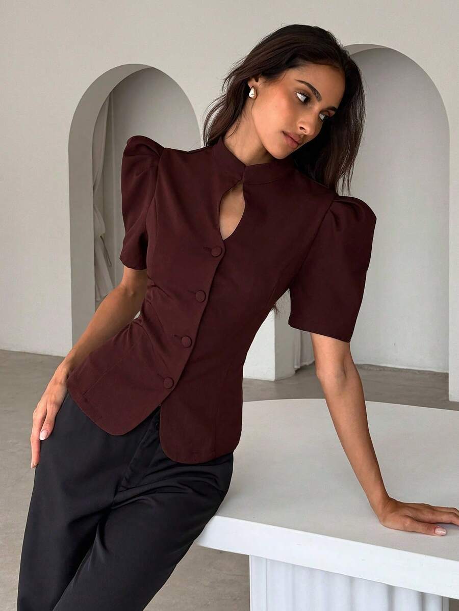 xheAloruh Blusa burdeos elegante de mujer con cuello alto, mangas gigot y cintura ajustadaxhe