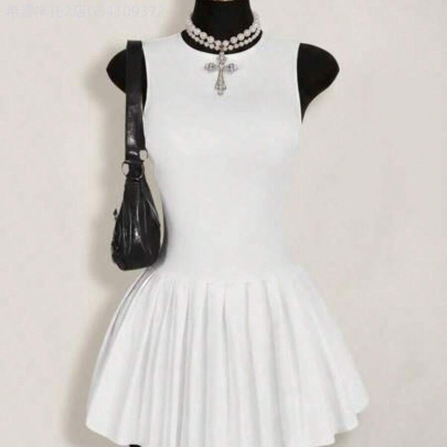 Soqi Women's Clothing Vestido mini de verano para mujer de unicolor con cuello redondo y bajo plisado - Blanco - Ver 1