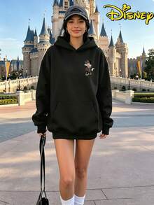 Disney Minnie Mouse Leopard Print Bow Hoodie, Women's Casual Long Sleeve Drawstring Hooded Sweatshirt - 黑色 - 查看 5