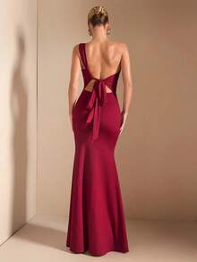 Elegante vestido largo con tirantes de espagueti y cuello asimétrico con lazo, apropiado para citas casuales, salidas, fiestas nocturnas, atuendo navideño, color burdeos - Burdeos - Ver 1