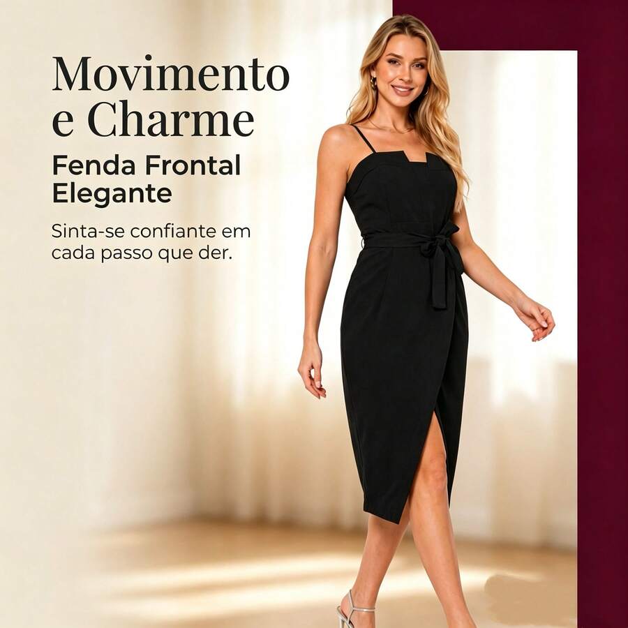 Vestido feminino sem mangas, modelo bodycon, novo estilo de verão, elegante e que alonga a silhueta, perfeito para ir ao trabalho e encontros. - Preto - Visão 1