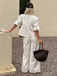 Conjunto de blusa holgada de manga de pétalo blanca de algodón y falda vaquera casual, adecuado para fiesta, playa, vacaciones, verano - Blanco - Ver 2