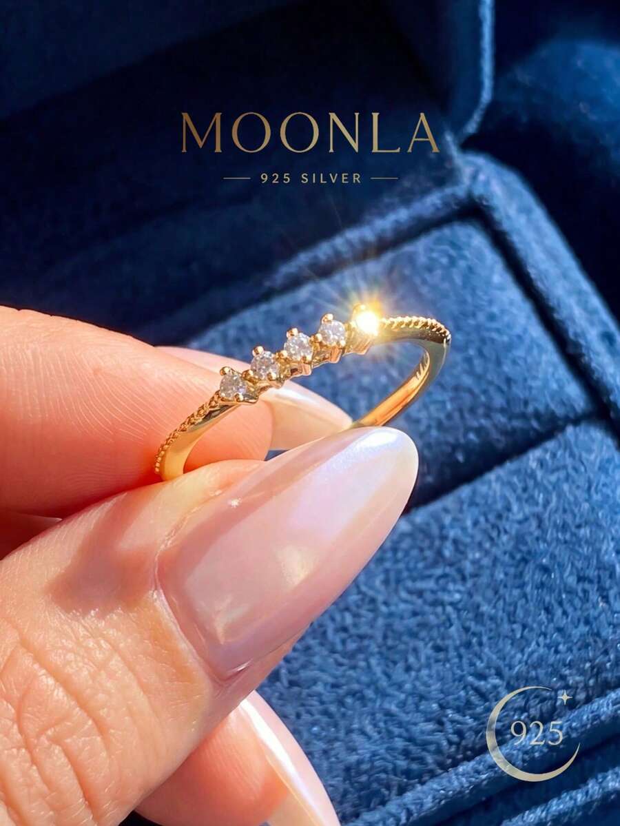 1 pieza Anillo de plata de ley 925 con 5 piedras de circonita incrustadas, anillo decorativo de uso diario para mujer, accesorio para fiestas, anillo de mujer de alta calidad, regalo de joyería exquisita - Dorado - Ver 1