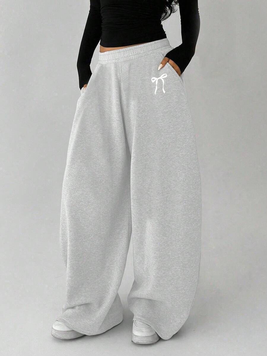 1pc Girls' Loose Bow Print Straight Leg Pants, Warm For Spring, Autumn And Winter - Grey - View 1