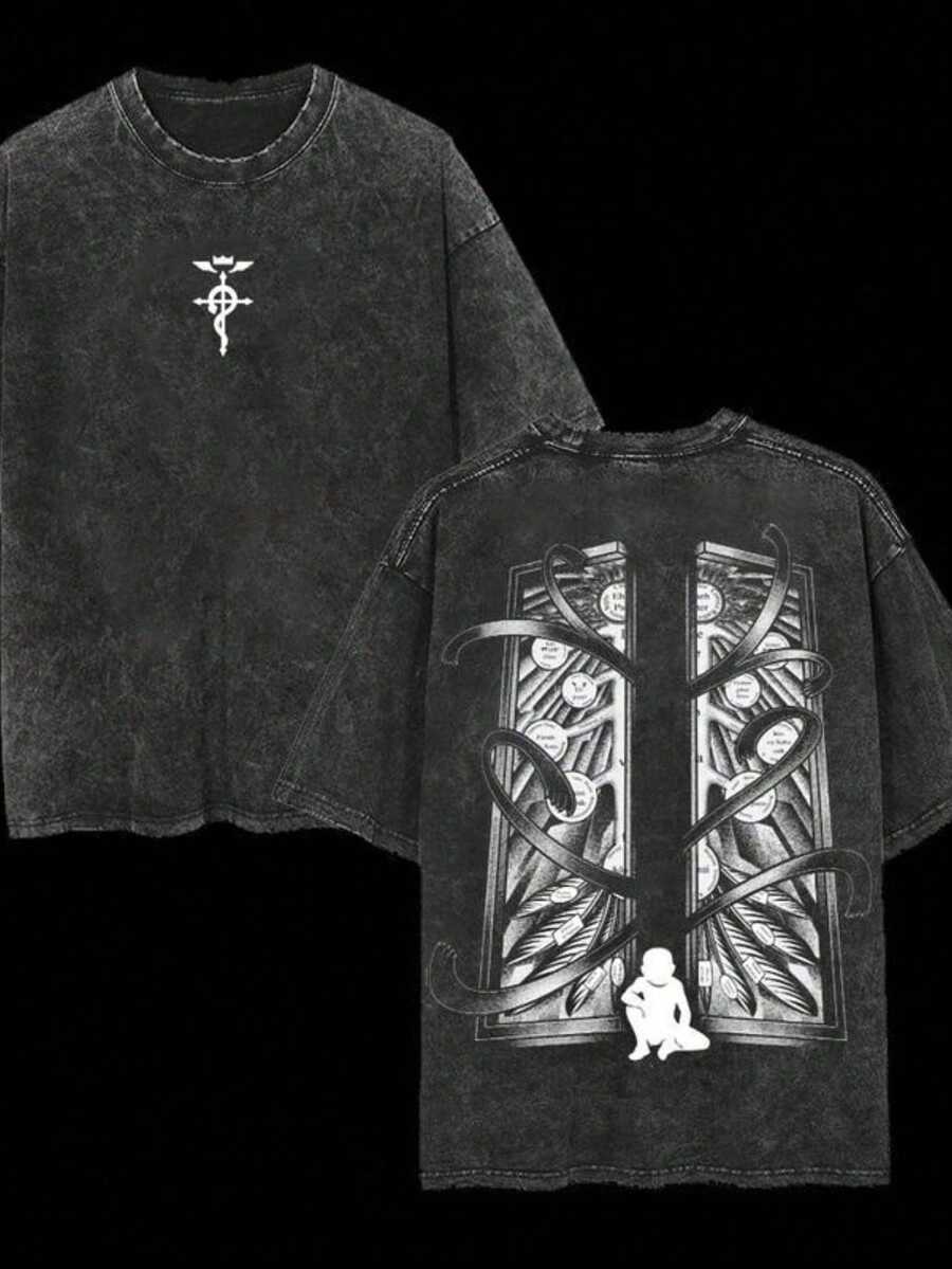 One Piece, Camiseta de Algodón Lavado para Hombre, Estilo Retro Anime - Fullmetal Alchemist, Impresión a Doble Cara, Camiseta de Anime Manga Lavada, Un Regalo para Fanáticos y Entusiastas del Anime, 100% Algodón, 180g de Peso - Verde - Ver 1