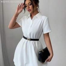 Yunuo Menswear  Vestido casual corto de manga corta de unicolor para mujer - Blanco - Ver 7