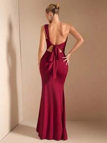 Elegante vestido largo con tirantes de espagueti y cuello asimétrico con lazo, apropiado para citas casuales, salidas, fiestas nocturnas, atuendo navideño, color burdeos - Burdeos - Ver 6
