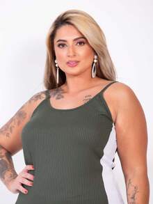 Plus Size Curvy Style Strappy Dress With Thin Straps, Side Slit, Ribbed Fabric, Extra Large, Long, Elastane, For Formal Parties And Maternity Wear. - Army Green - View 10