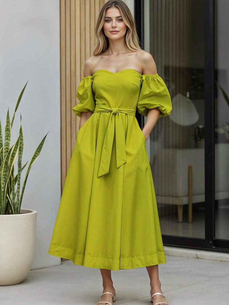 Women's Off Shoulder Long Dress Adjustable Belt Puff Sleeve - Kiwi - Xem 1
