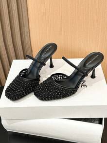 Xin Jing Shoes 女款優雅休閒性感派對細高跟鞋 時尚百搭圓頭網布通勤中跟涼鞋 - 黑色 - 查看 11