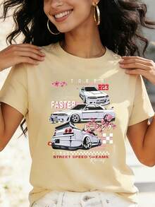 Tokyo Racing Cars Street Speed Digital Print Short Sleeve Unisex Pure Cotton Loose And Comfortable - Apricot - View 9