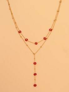 Stainless Steel Multi-Color Beaded Flower Decorative Necklace, Gold-Plated Y-Shaped Chain Necklace, Elegant Minimalist Style, Suitable For Women's Daily Wear, Can Be Used As Valentine's Day, Mom, Mother's Day Gift - Multicolor - View 18