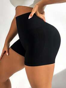 TNTOR Pantalones cortos de fitness casuales de unicolor para mujer de talla grande, pantalones cortos de yoga elásticos, diseño de cintura alta con control de abdomen para deportes - Negro - Ver 3