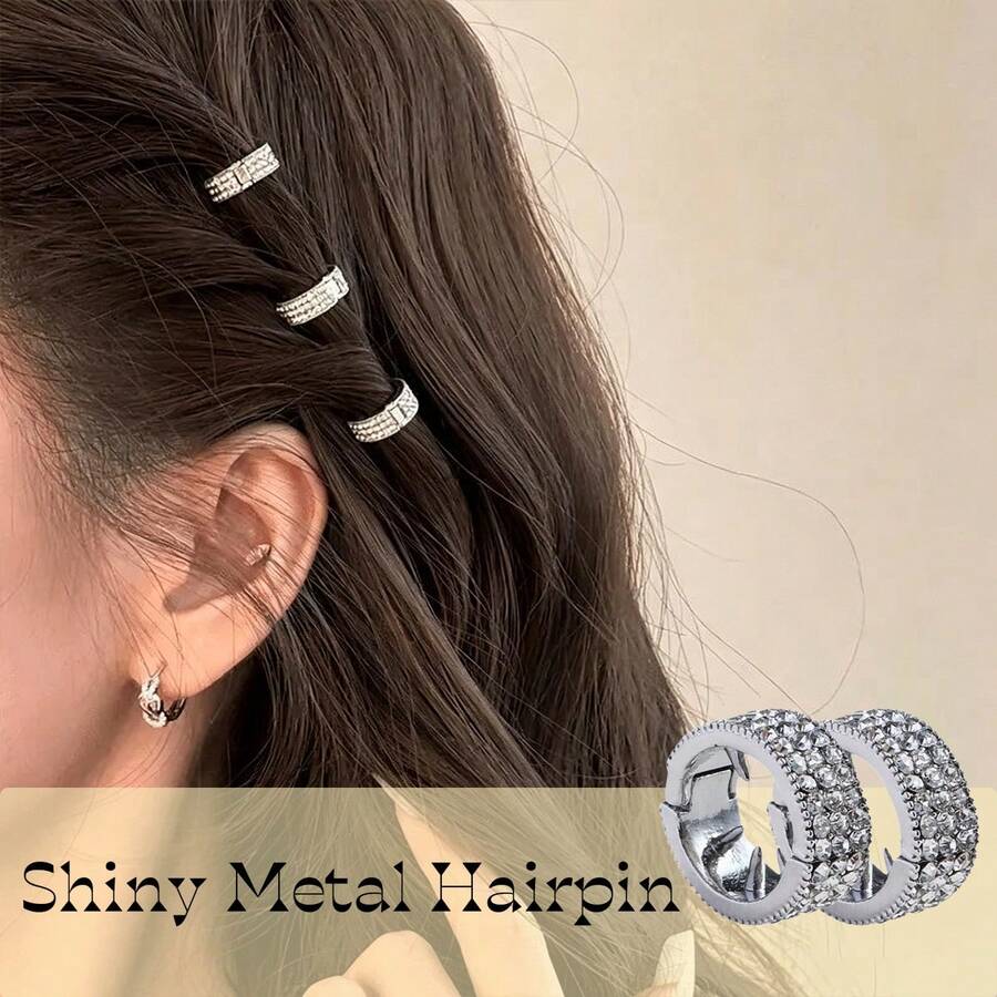 2pcs Shiny Rhinestone Hair Cuff Clips, Silver Tone Metal Hair Rings For Dreadlocks, Braided Hair Decor Accessories - Silver - View 1