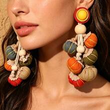 Bohemian Style Pumpkin Design Pendant Earrings, Vintage Simple Fabric Jewelry, Fashionable Holiday Earrings. - Một đôi bông tai hình quả bí ngô bằng sợi tổng hợp. - Xem 3