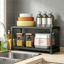 Organizador de cocina apilable de hierro reforzado, estantería de almacenamiento de 2 o 3 niveles para encimera, estantería de escritorio de varios niveles para utensilios de cocina, platos y especias, organizador de cocina duradero, resistente a arañazos y óxido que ahorra espacio - Negro - Ver 2