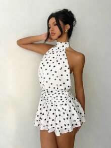 Women's White Polka Dot Spaghetti Strap Mini Dress, Sleeveless High Waist Ruffle Hem A-Line Dress For Party & Holiday Wear Wedding - White - View 1