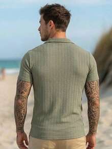 Men's Casual Ribbed Resort Shirt Short-Sleeve Button-Down Camp Collar - Olive Green - View 3