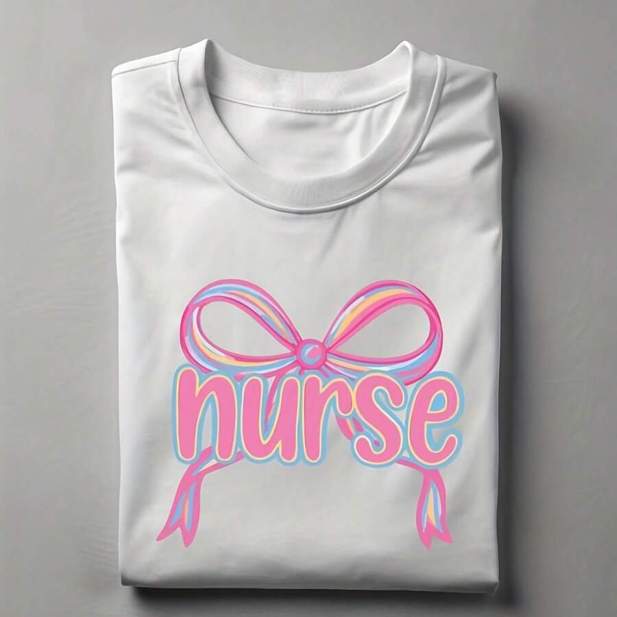 item picture wos uni nurse t S1Hirt S1oft breathable lightweight nursing scrubs top with B1Ow symB1Ols stethoscope pills curS1 Lettering hine waS1HAble crew neck S1Hort sve for nur - Blanco - Ver 1