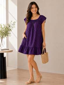Casual Short Dress With Front Buttons, Long Sleeves, And A Plaid Print. - 紫色 - 查看 1