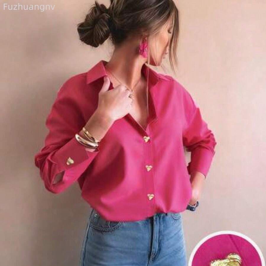 Camisa básica elegante y casual con botones de metal en forma de corazón a rayas de color rosa pálido, ropa de exterior casual de otoño/invierno, ropa casual de negocios para mujer en primavera - Rosa Fucsia - Ver 1