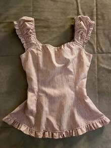 Blusa de mujer con diseño de botones a rayas y volantes en el bajo - Rojo y blanco - Ver 2