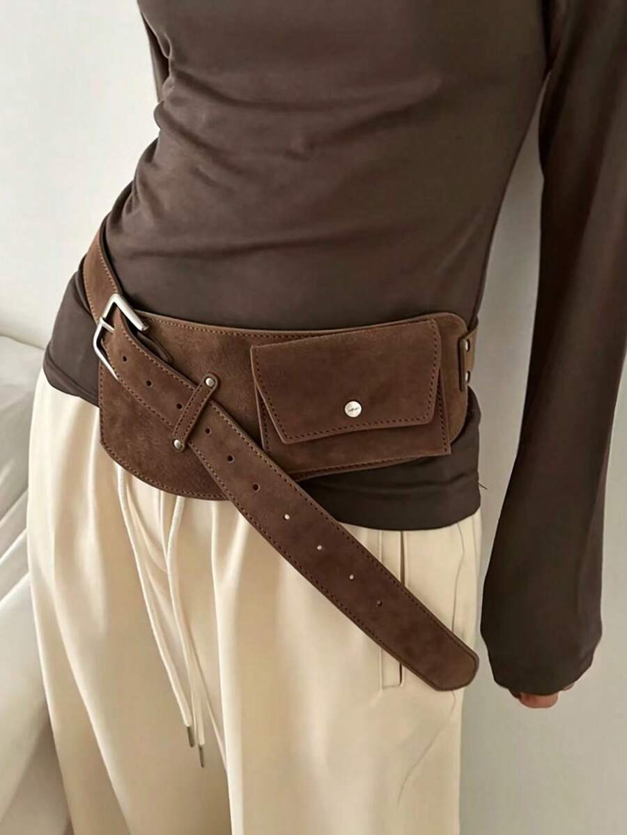 Cinto feminino de camurça multicolorida com bolsos, cinto de cintura ajustável com fivela e mini bolsa, acessório casual para streetwear. - Multicolorido - Ver 1