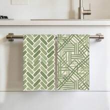 2pcs Green Geometric Pattern Printed Kitchen Towels, 100% Polyester Kitchen Cleaning Cloths, Suitable For Restaurant, Kitchen And Home Decor; Quick-Drying, Lightweight, Fade-Resistant, Low-Shedding, Anti-Mildew, High Color Fastness, Size 40*60cm - Multicolor - View 1