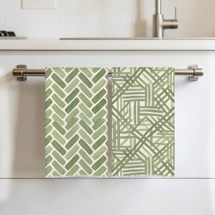 2pcs Green Geometric Pattern Printed Kitchen Towels, 100% Polyester Kitchen Cleaning Cloths, Suitable For Restaurant, Kitchen And Home Decor; Quick-Drying, Lightweight, Fade-Resistant, Low-Shedding, Anti-Mildew, High Color Fastness, Size 40*60cm - Multicolor - View 1