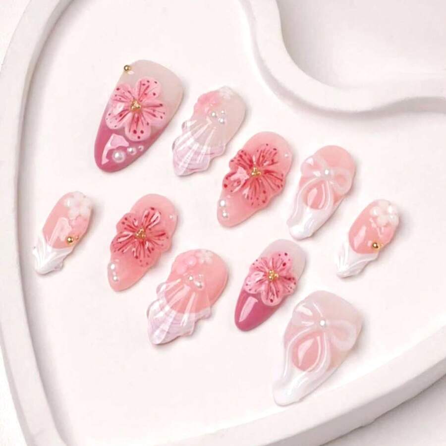 30Pcs Flower Press On Nails - Medium Almond French Tip Fake Nails With 3D Pearls Design Cute Bow & Flowers False Nails Nude Pink Glossy Full Cover Small Floral Reusable Acrylic Glue On Nails For Women - 蝶式貝殼 - 查看 1